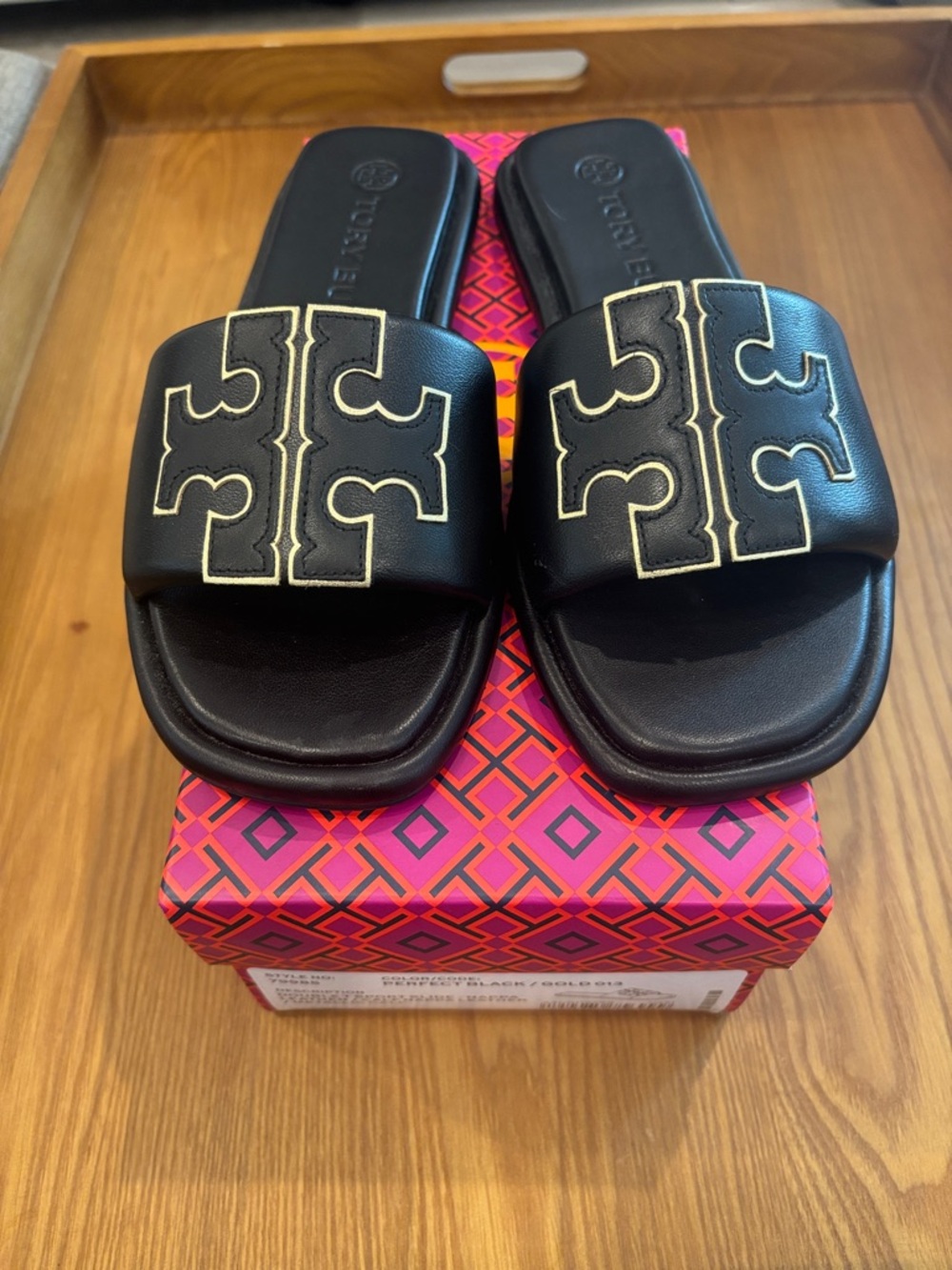 Tory Burch Black Leather Slide Sandals with Gold Logo